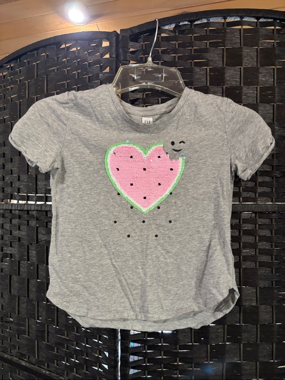 GAP Gray Tee with Pink Sequin Heart and Green Trim
